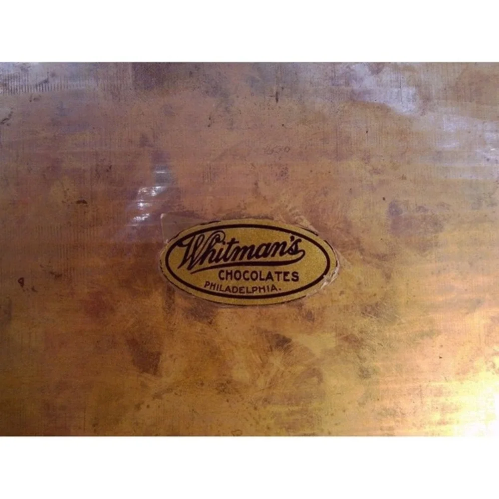WHITMANS Chocolates Vintage Brass Fu Box Wood Lined Floral Tin one of a kind‎